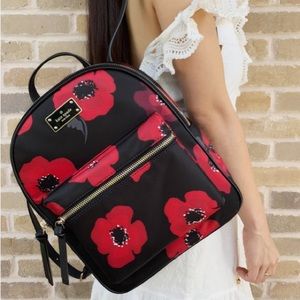 Kate spade Wilson road Bradley poppy floral red & black backpack book bag satin